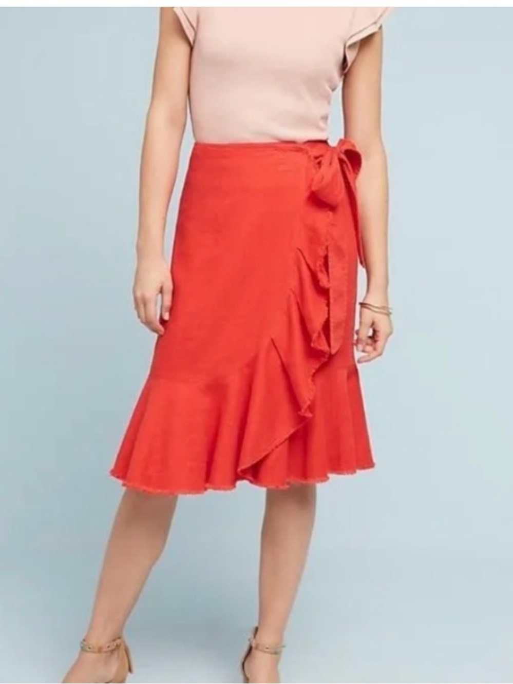 NWT Anthropologie Holding Horses Red Ruffle Wrap Midi Skirt